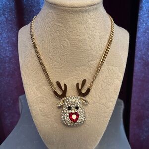 Betsey Johnson Gold and Red Rhinestone Reindeer Necklace